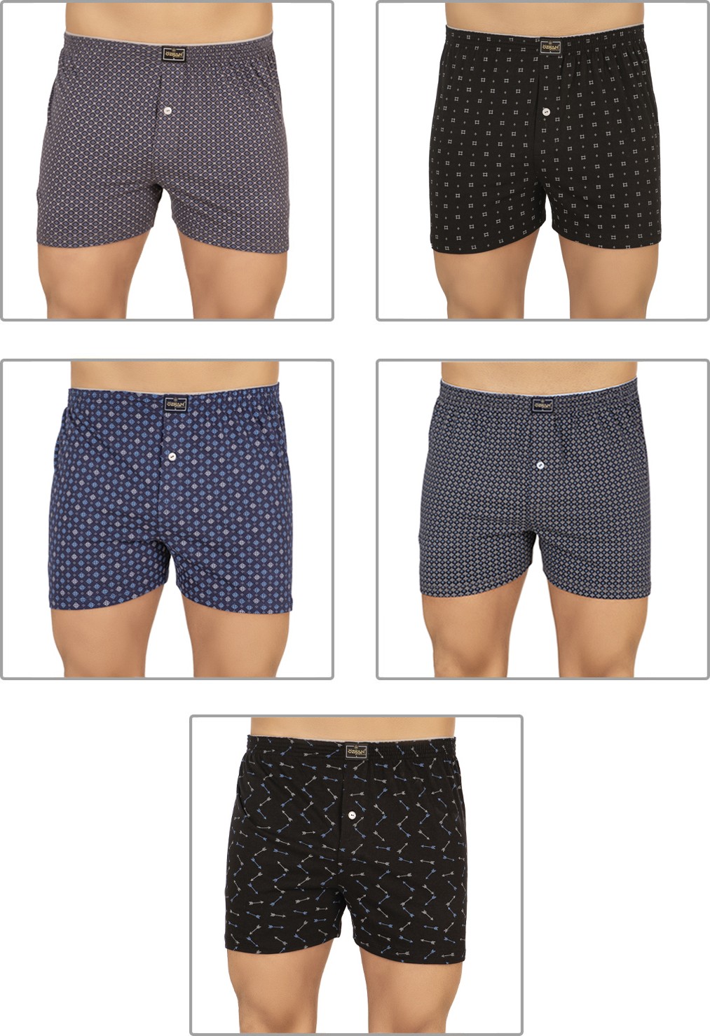 Özkan Underwear Özkan 11112 5'li Paket Erkek %100 Pamuklu Havlu Bel Esnek Yumuşak Düğmeli Desenli Penye Boxer Şort Külot