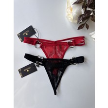 Intive Lingerie Kadın Transparan Dantelli Kalp Aksesuar Detaylı String (Siyah/kırmızı)