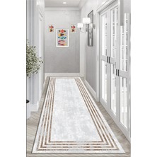 Pera Life Halı Yıkanabilir Kaymaz Kahverengi Çerçeveli  Salon Halısı Mutfak Halısı ve Yolluk 4433