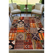 Pera Life Halı Yıkanabilir Kaymaz  Etnik Renkli Patchwork Desenli Salon Halısı Mutfak Halısı ve Yolluk 4411