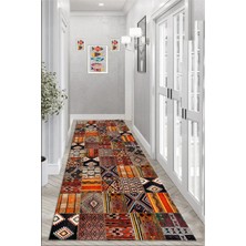 Pera Life Halı Yıkanabilir Kaymaz  Etnik Renkli Patchwork Desenli Salon Halısı Mutfak Halısı ve Yolluk 4411