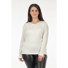 Vedi-bb Minimalist Taş Detaylı Uzun Kol V Yaka Kadın Triko