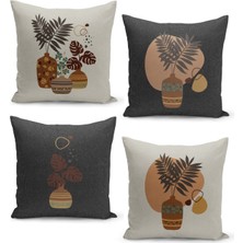 Filamente 4'lü Kırlent Kılıf Seti Keten Tweed Zemin Görünüm Vazoda Tropikal Bitki