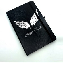 As Company Kişiye Özel Siyah Defter & Gold Detaylı Siyah Mum & Gümüş Kaplama Melek Kolye Hediye Seti