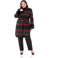 Disentis Modest Büyük Beden Kolları Kürklü Cepli Astarlı Zümrüt Rengi Kaban