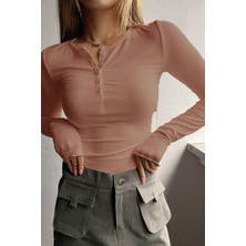 Teenage Millionaire Kadın Somon Düğme Detaylı Patlı Düğmeli Bisiklet Yaka Uzun Kollu Fitilli Kaşkorse Bluz Body