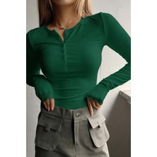 Teenage Millionaire Kadın Yeşil Düğme Detaylı Patlı Düğmeli Bisiklet Yaka Uzun Kollu Fitilli Kaşkorse Bluz Body