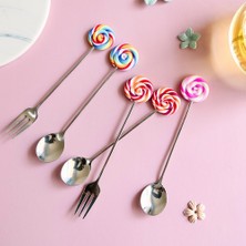Kuadu Shop No.3 Tarzı Sevimli Eğlenceli Lolipop Kahve Çatalı Kaşık Paslanmaz Çelik Titanyum Kaplama Altın Kek Çatalı Çocuk Küçük Kaşık Dondurma Kaşığı (Yurt Dışından)