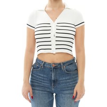 Kumsalina Clothes Beyaz Düğmeli Çizgili Crop