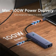 Baseus 100W 6in1 Çevirici Çoğaltıcı Adaptör Dock Hub, 3x Usb, 2x Type C, 1x 60Hz Hdmı, 1x RJ45 Port Girişli Hub