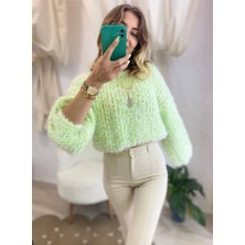 EDZ Kadın Fıstık Yeşili Örme Yumoş Crop Kırçıllı Kazak
