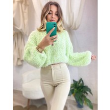 EDZ Kadın Fıstık Yeşili Örme Yumoş Crop Kırçıllı Kazak