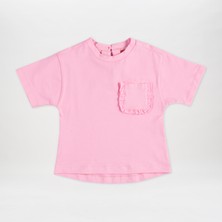 Panço Kız Çocuk T-Shirt Fırfır Detaylı Kısa Kollu Bisiklet Yaka Pembe Renk
