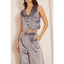 Darlin Moda Antrasit Kadife Crop Yelek DM7005