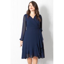 Fahima Fırfırlı Şifon Abiye Elbise Lacivert FHM914