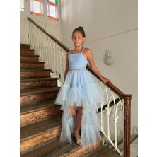 Butik Happy Kids Kız Çocuk Askılı Mavi Zincir Detaylı Kat Etekli Kuyruklu Abiye Elbise 10-15 Yaş