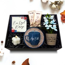 As Company Kişiye Özel Mavi Fincan & Yapay Mini Saksı & Bubble Mum & Türk Kahvesi Hediye Seti