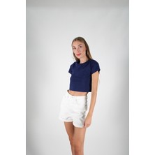 Meskan Tekstil Lacivert Kısa Kollu Crop Tshirt