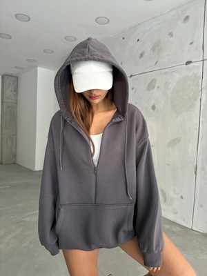 Sun Victoria Unisex Antrasit Kapüşonlu Fermuarlı Oversize 3 Iplik Içi Şardonlu Sweatshirt