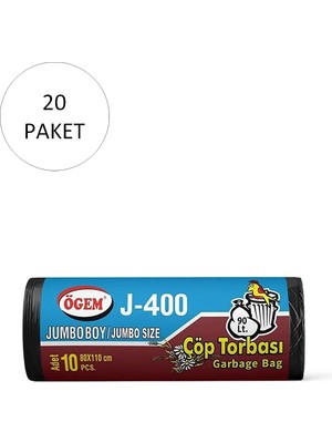 J-400 Jumbo Boy Çöp Torbası 80 x 110 cm 10 Lu Rulo x 20 Paket = 200 Adet (Siyah)