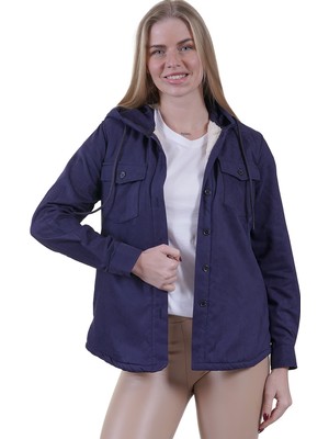 Exve Exclusive Lacivert Sade Kapüşonlu Içi Yün Kürklü Kışlık Oduncu Kadın Ceket Gömlek