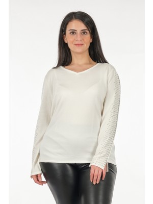 Vedi-bb Minimalist Taş Detaylı Uzun Kol V Yaka Kadın Triko