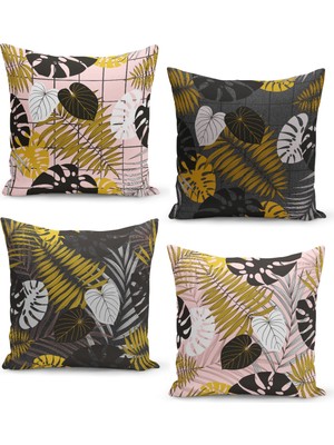 Filamente 4'lü Kırlent Kılıf Seti Keten Tweed Zemin Görünüm Monstera Yaprak Desenli