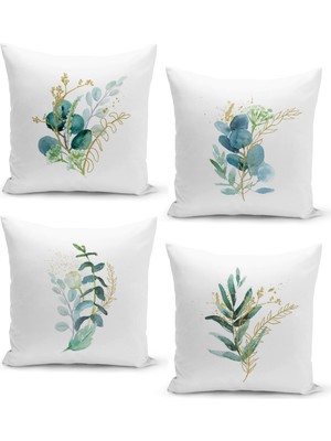 Filamente 4'lü Kırlent Kılıf Seti Okaliptüs Zeytin Yeşil Yaprak Desenli