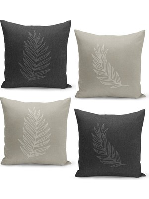 Filamente Kırlent Kılıf Seti Keten Tweed Zemin Görünüm Tropikal Yaprak Desenli 4'lü