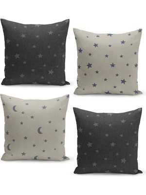 Filamente 4'lü Kırlent Kılıf Seti Keten Tweed Zemin Görünüm Üzerine Minik Yıldız Desenli