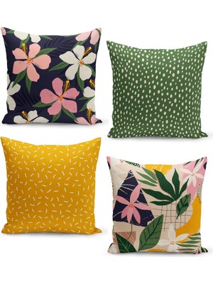 Filamente 4'lü Kırlent Kılıf Seti Çiçek ve Puantiyeli Orta Yüzyıl Modern Sanat Tasarımı