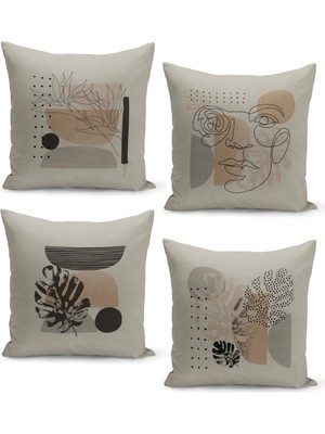 Filamente 4'lü Kırlent Kılıf Seti Keten Zemin Görünüm Üzerine Geometrik Iskandinav Tasarımı