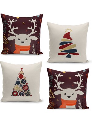 Filamente 4'lü Kırlent Kılıf Seti Yılbaşı Christmas Deseni Çift Taraflı Dijital Baskılı