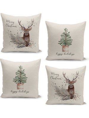 Filamente 4'lü Kırlent Kılıf Seti Yılbaşı Christmas Deseni Çift Taraflı Dijital Baskılı