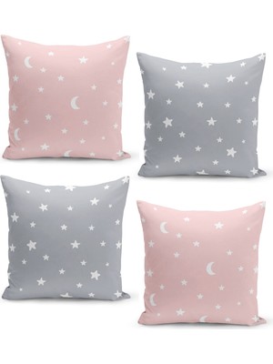 Filamente 4'lü Kırlent Kılıf Seti Gri Pembe Zemin Üzeriene Minik Yıldız Desenli