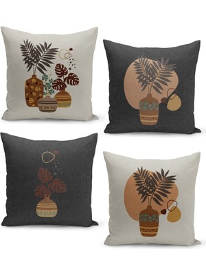 Filamente 4'lü Kırlent Kılıf Seti Keten Tweed Zemin Görünüm Vazoda Tropikal Bitki