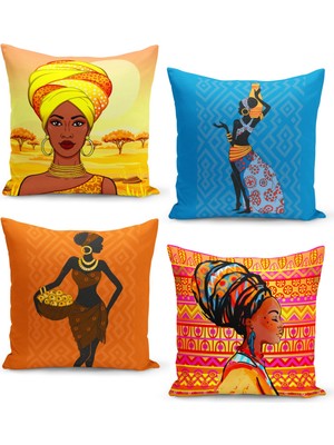 Filamente 4'lü Kırlent Kılıf Seti African Portre Desenli