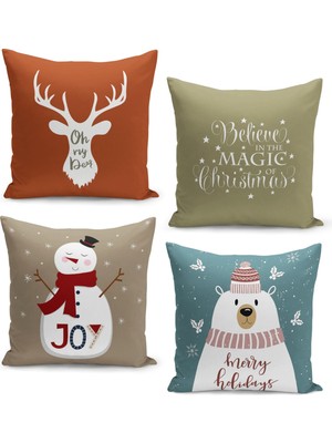 Filamente 4'lü Kırlent Kılıf Seti Yılbaşı Christmas Deseni Çift Taraflı Dijital Baskılı