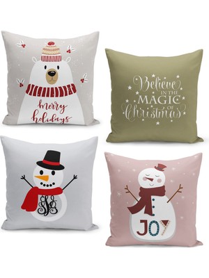 Filamente 4'lü Kırlent Kılıf Seti Yılbaşı Christmas Deseni Çift Taraflı Dijital Baskılı