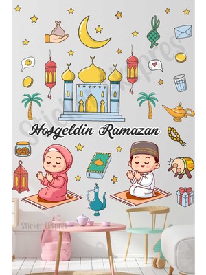 Sticker Ekspres Namaz Kılan Çocuklar Hoşgeldin Ramazan Set Cam Duvar Kapı Sticker Seti