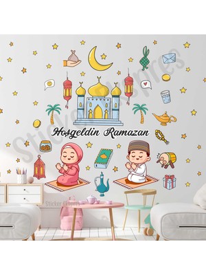 Sticker Ekspres Namaz Kılan Çocuklar Hoşgeldin Ramazan Set Cam Duvar Kapı Sticker Seti