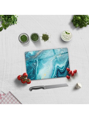 Decorita Cam Kesme Tablası - Cam Kesme Tahtası | Gold Detaylı Turkuaz Desen |