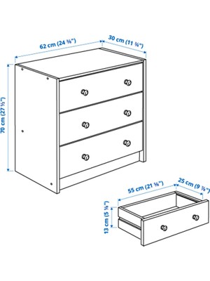 IKEA Rast 3 Çekmeceli Şifonyer, Çam Meridyendukkan 62X70 cm