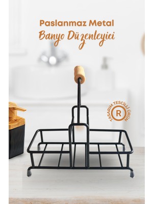 Grimor Life 2 Bölmeli Çok Amaçlı Ahşap Kulplu Paslanmaz Metal Stand- Sıvı Sabunluk Diş Fırçalık Standı