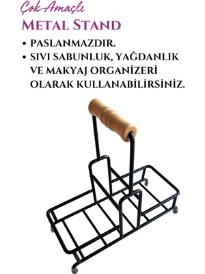 Grimor Life 2 Bölmeli Çok Amaçlı Ahşap Kulplu Paslanmaz Metal Stand- Sıvı Sabunluk Diş Fırçalık Standı