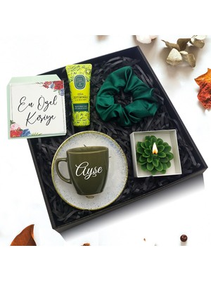 As Company Kişiye Özel Haki Fincan & Çiçek Temalı Mum & El Kremi & Toka Hediye Seti