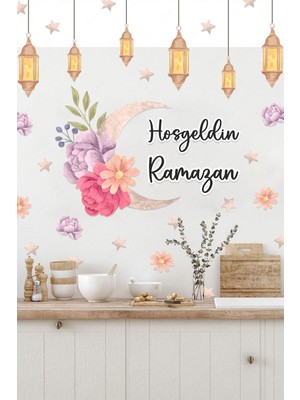 Msticker Hoşgeldin Ramazan Çiçekler Soft Renkli Fenerler Cam Duvar Sticker Seti Ramazan Süsü