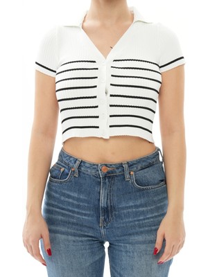 Kumsalina Clothes Beyaz Düğmeli Çizgili Crop