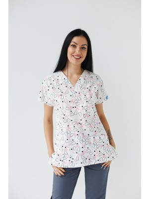 Dr. Mitra Kadın Likralı Yarasa Kol Hemşire Doktor Steteskop Desenli Beyaz Tek Üst Forma