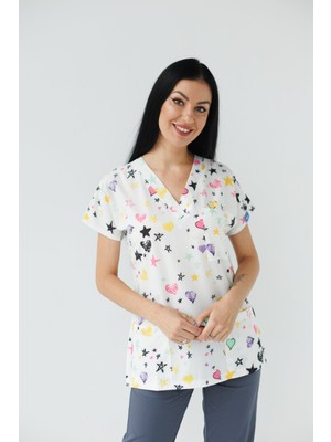 Dr. Mitra Kadın Likralı Yarasa Kol Hemşire Doktor Yıldız Desenli Tek Üst Beyaz Forma